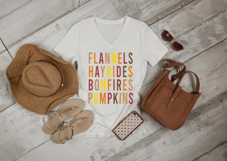 Flannels Hayrides Bonfires Pumpkins - Unisex Jersey Short Sleeve V-Neck Tee